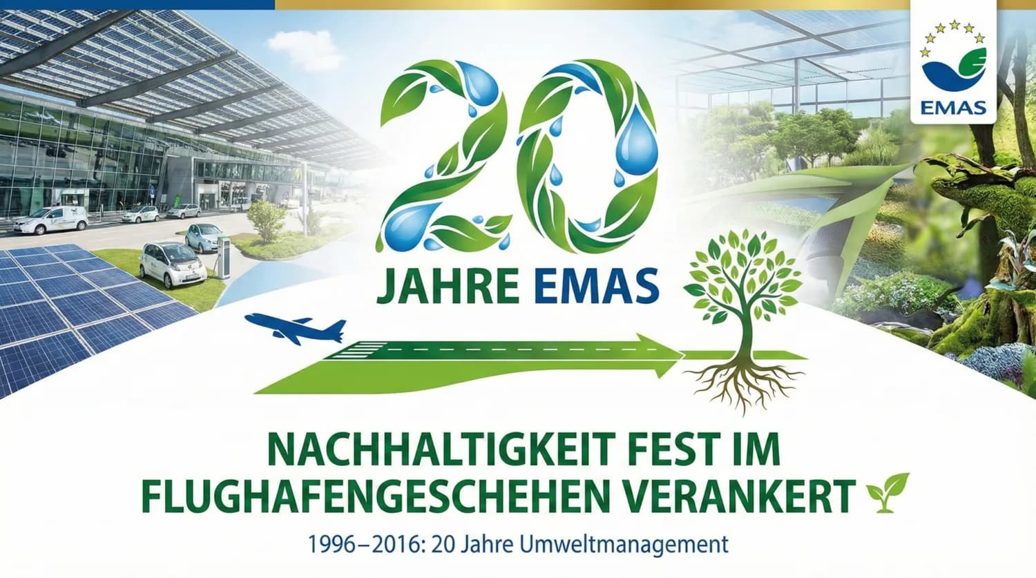 Grafik mit grünem 20 aus Blättern und Wassertropfen, EMAS-Logo, Solarpaneele, Elektroautos vor Flughafen, Flugzeug-Icon, Baum mit Wurzeln und Schriftzug Nachhaltigkeit fest im Flughafen­geschehen verankert