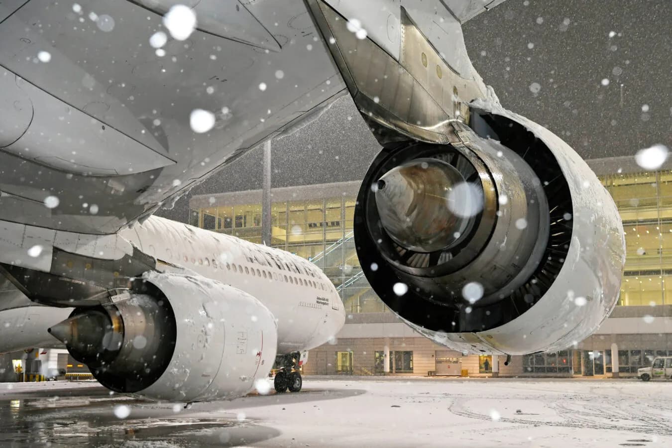 Passagierflugzeug mit vereisten Triebwerken und Schneefall am Flughafen München vor Terminalgebäude