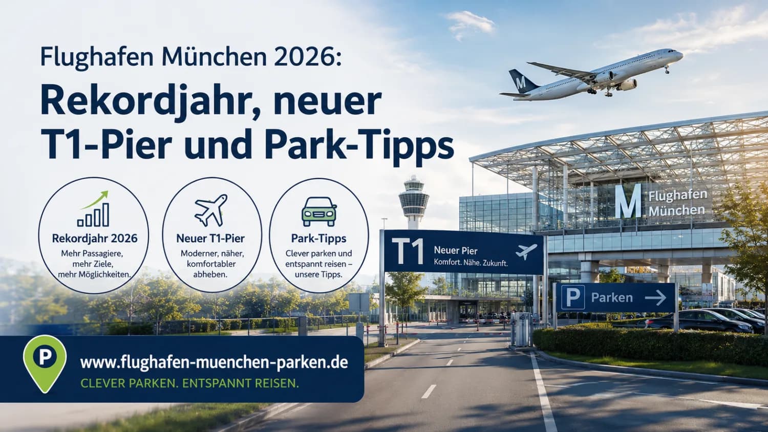 Flughafen München Terminal 1 Einfahrt mit Parkhinweisen, neuem T1-Pier, Parkbereich, vorbeifliegendem Passagierflugzeug und Informationsgrafik zu Rekordjahr und Park-Tipps - Bild KI generiert