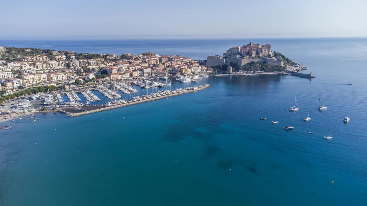 Luftaufnahme von Calvi auf Korsika mit Hafen, Yachten, Altstadt auf einer Felsenbastion und blauem Mittelmeer