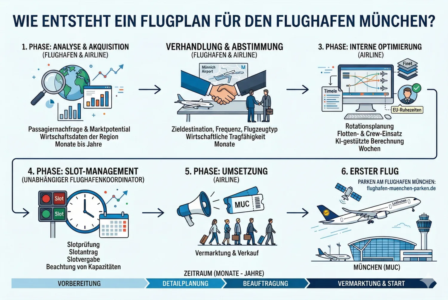 Infografik Ablauf zur Entstehung eines Flugplans: Analyse der Passagiernachfrage und Marktpotenzial, Verhandlung von Zieldestination, Frequenz und Flugzeugtyp, interne Optimierung mit Rotationsplanung und Crew-Einsatz, Slot-Management mit Slotprüfung und Kapazitätsabgleich, Umsetzung durch Vermarktung und Verkauf bis zum ersten Flug am Flughafen München (MUC)