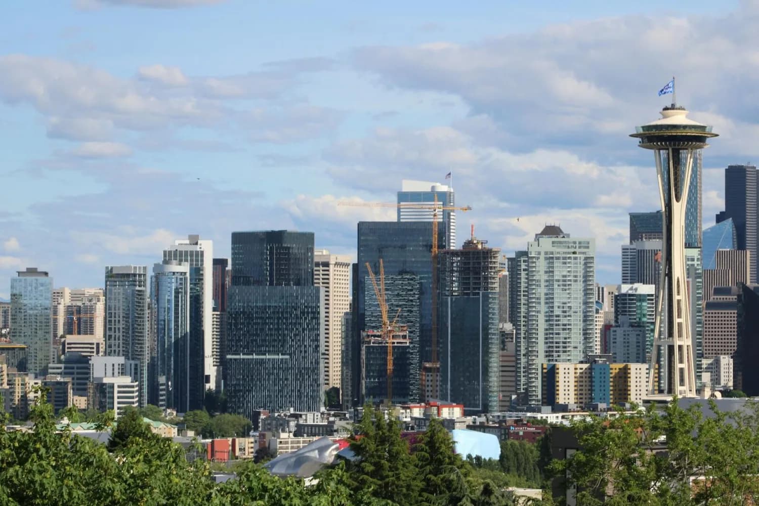 Seattle Skyline mit Space Needle und modernen Hochhäusern, Stadtbild mit Baukränen und grünen Vordergrund