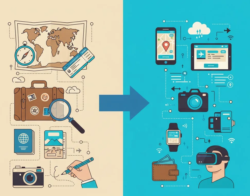 Illustration Wandel vom analogen zum digitalen Reisen mit Weltkarte, Koffer, Pass und Kamera links sowie Smartphone, Tablet, Kamera, Smartwatch und VR-Brille rechts