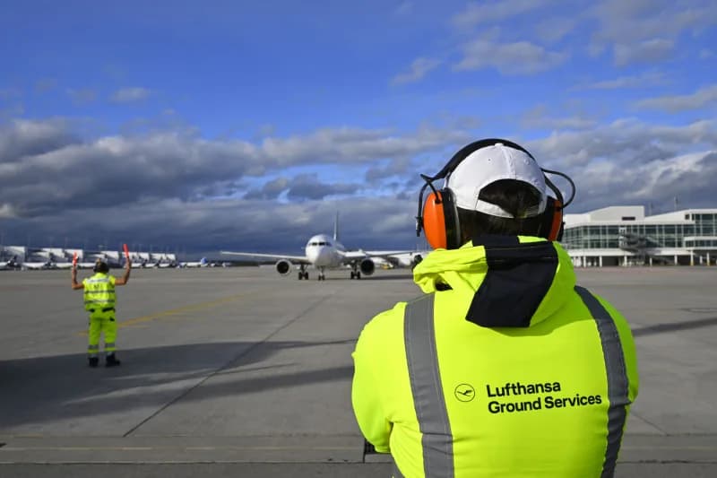 Bodenpersonal der Lufthansa Group in leuchtender Schutzkleidung leitet ankommendes Flugzeug auf dem Rollfeld bei Bodenabfertigung am Terminal