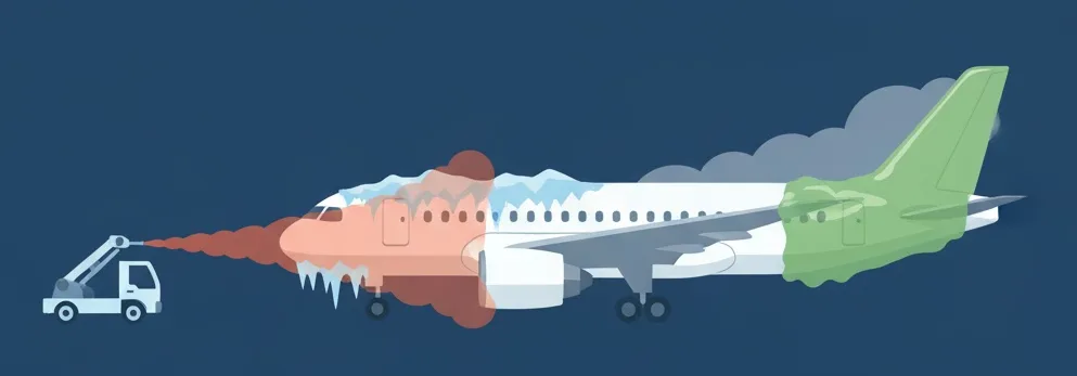Flugzeug wird von Enteisungsfahrzeug mit Abstrahlarm behandelt, vereiste Nase und Flügel, Enteisungsflüssigkeit sichtbar