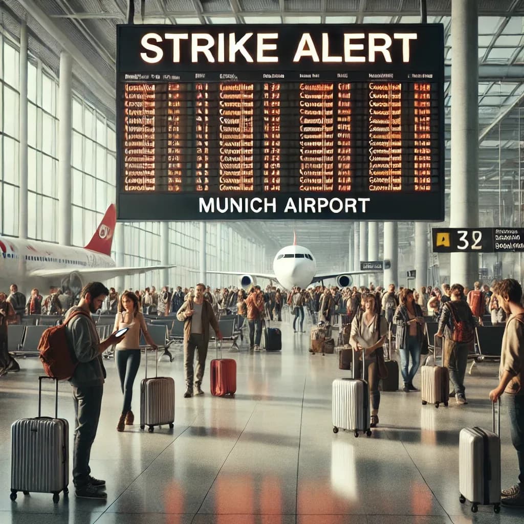 Voller Terminal am Flughafen München mit Anzeige 'Strike Alert' und wartenden Passagieren mit Gepäck wegen Streik