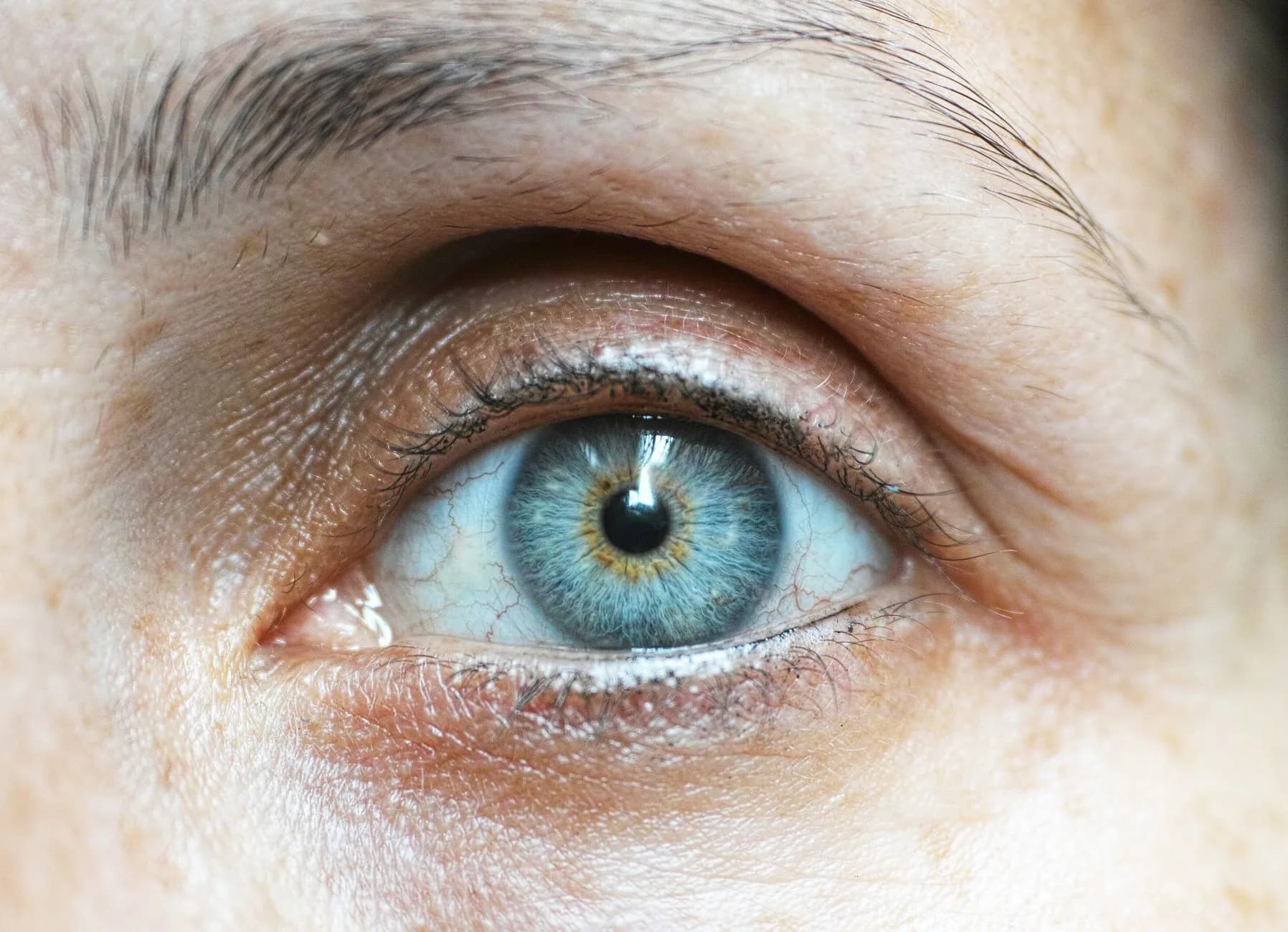 Nahaufnahme eines blaugrünen Auges mit Wimpern und Augenbraue