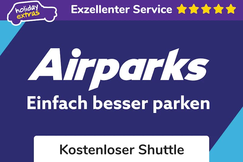 Airparks-Logo auf lila Werbeplakat mit Slogan Einfach besser parken und Hinweis Kostenloser Shuttle.