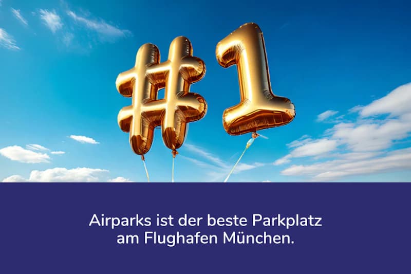 Goldene Ballons in Form einer Raute und einer Eins vor blauem Himmel über violettem Balken mit weißem Text.