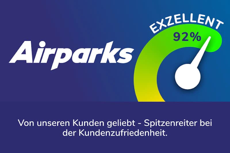 Airparks-Logo links und bunter Bewertungsbogen mit Nadel auf 92% und Schrift EXZELLENT, darunter deutscher Slogan.