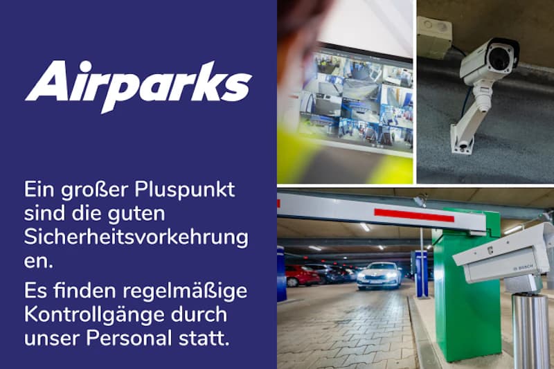 Collage mit Airparks-Logo, Überwachungsmonitor, Wandkamera und Parkschranke in einer Tiefgarage.