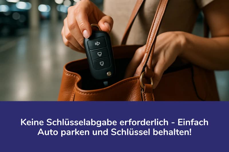 Hände stecken Autoschlüssel in braune Handtasche vor unscharfem Parkhaushintergrund.
