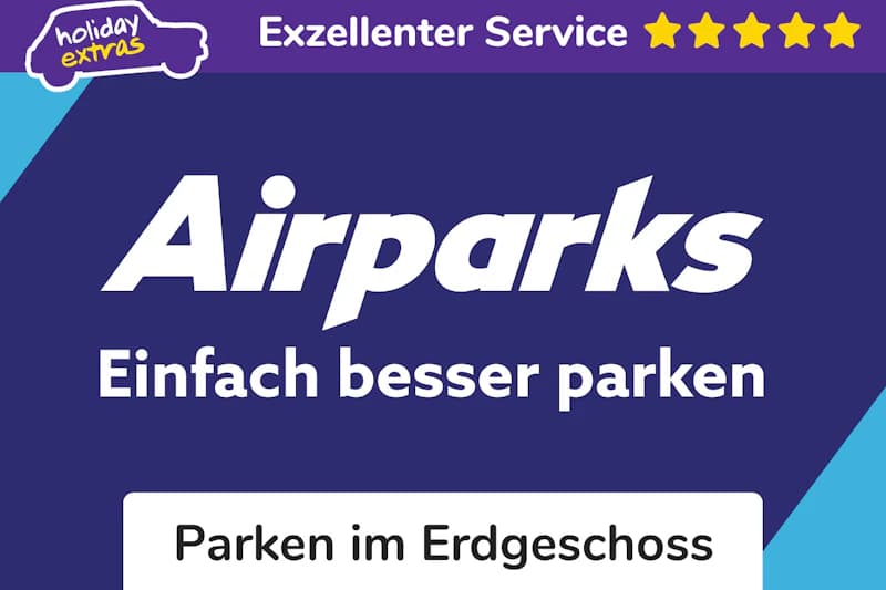 Dunkelblaue Werbetafel mit Airparks Schriftzug, Slogan Einfach besser parken und Hinweis Parken im Erdgeschoss.
