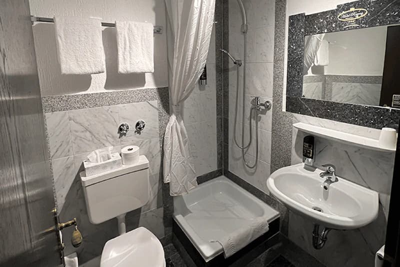 Kleines Badezimmer mit Toilette, Waschbecken, Duschwanne, Duschvorhang, Handtüchern und Spiegel.