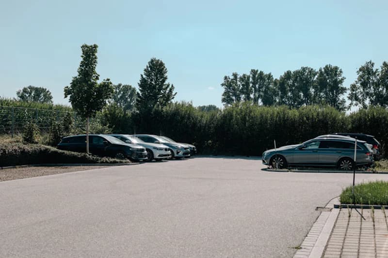 Asphaltierter Parkplatz mit mehreren geparkten Autos entlang einer Hecke und einzelnen Bäumen unter klarem Himmel.